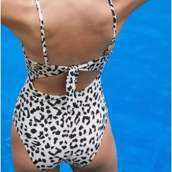 Aerie Leopard Tie Back One Piece Swimsuit Size Large Long Soft Muslin Full Cover - Picture 7 of 7